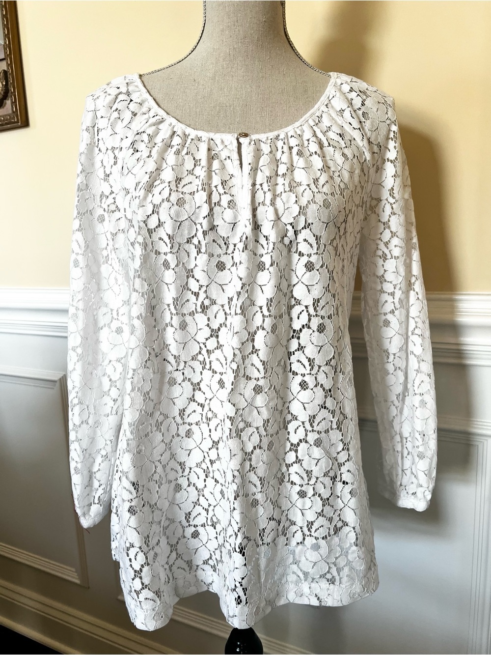 Charter Club, white floral lace, long dolman sleeves, romantic pull over top.
